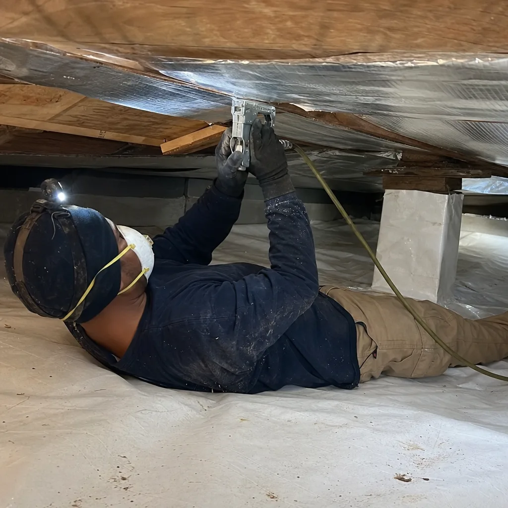 Contractor installing professional crawl space vapor barrier and insulation