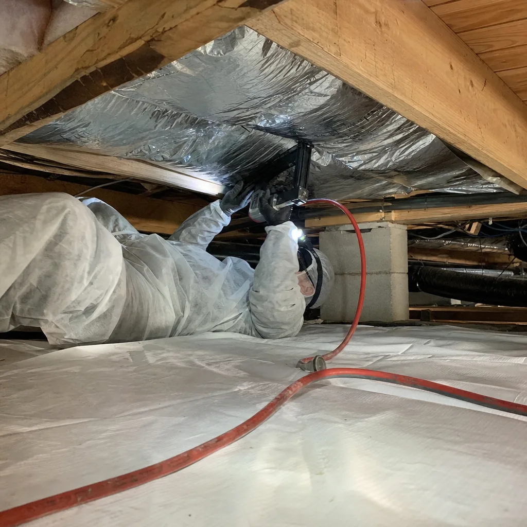 Technician installing vapor barrier insulation in a crawl space