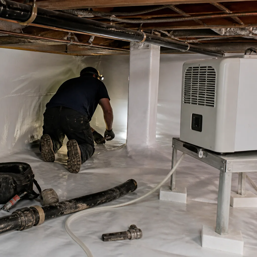 Technician installing professional crawl space encapsulation and vapor barrier insulation.