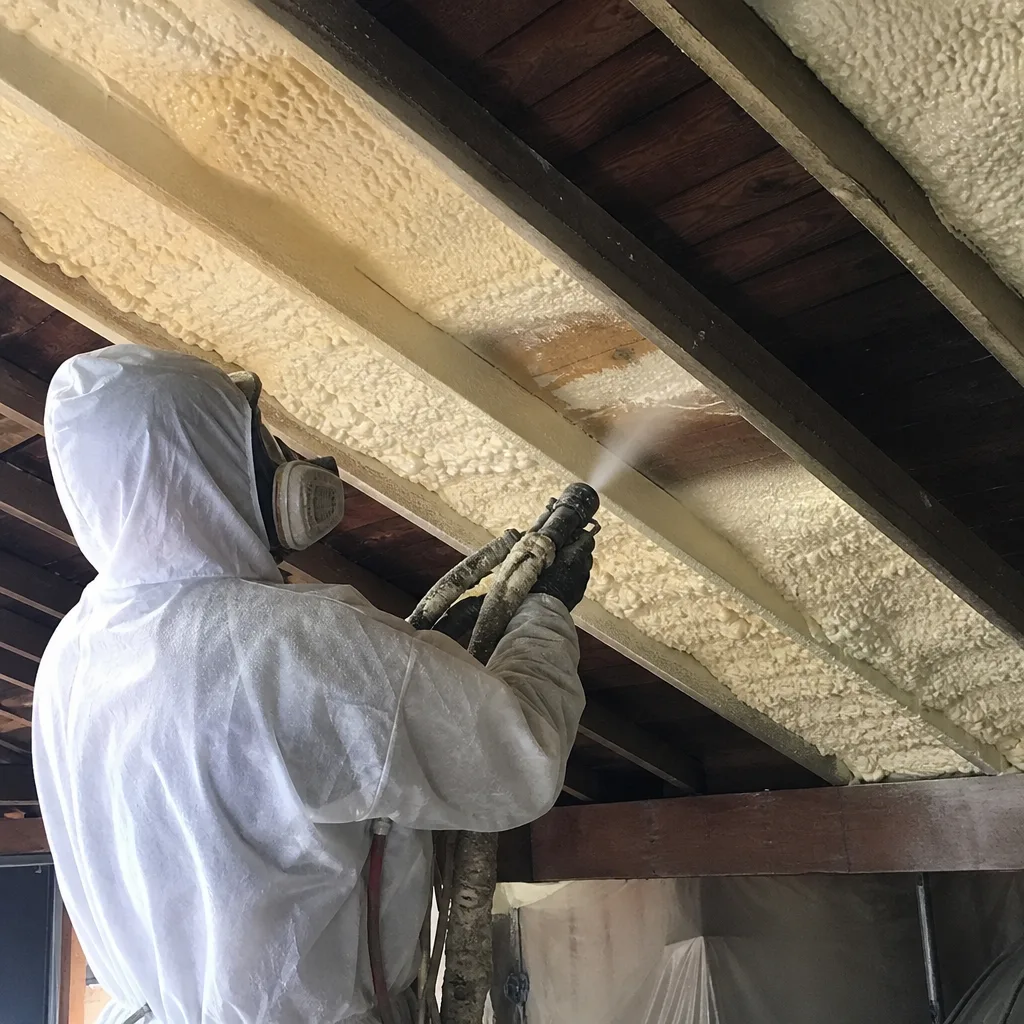 Professional contractor applying spray foam insulation to a wooden roof deck